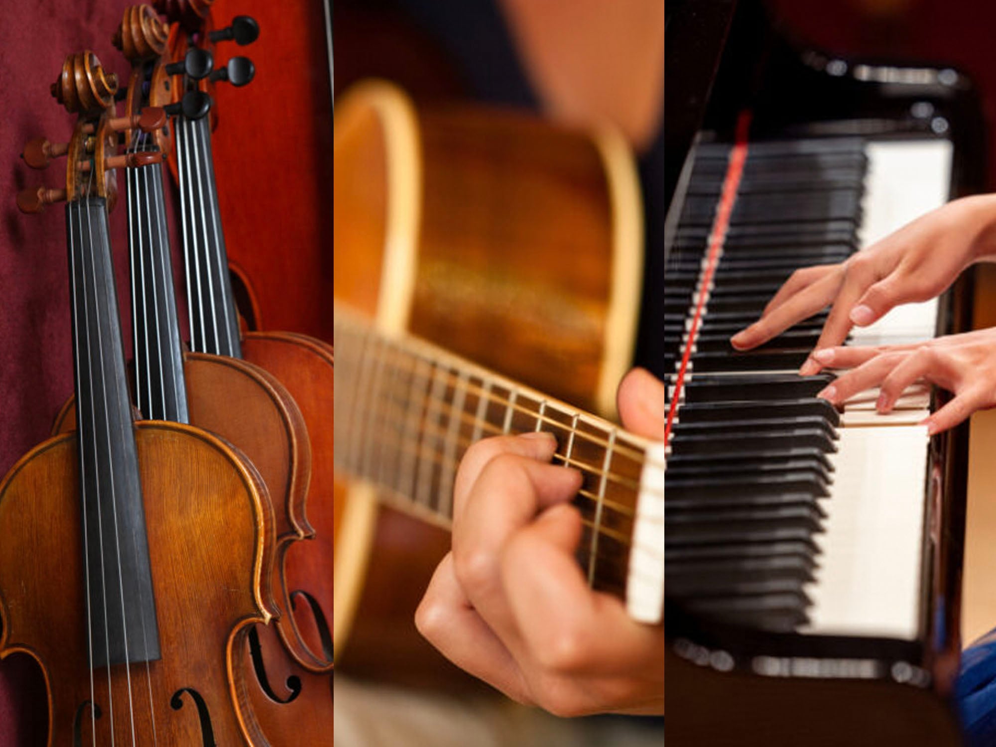 Violins, guitar, and piano being played.