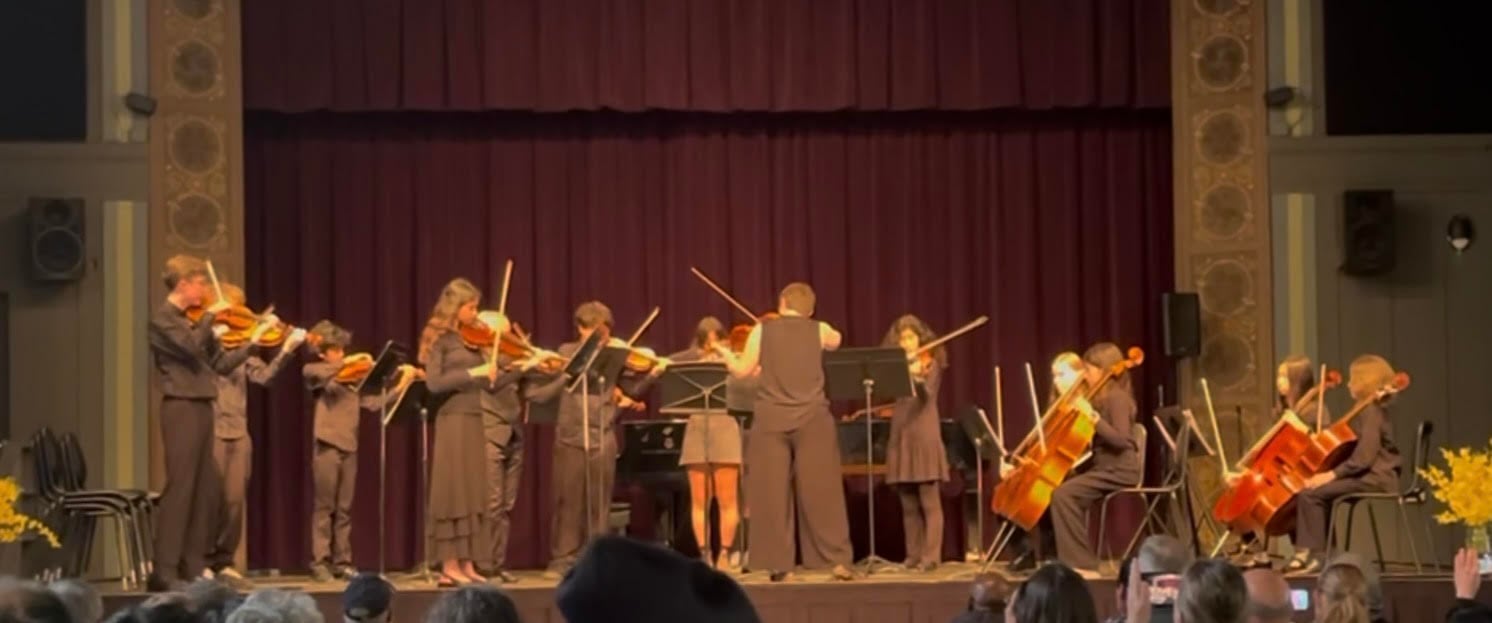 Chamber orchestra performing on stage with conductor