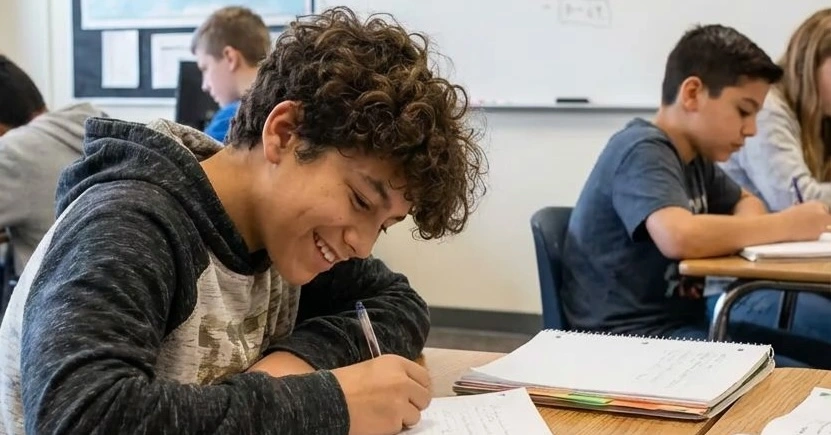Students writing in classroom, focusing on assignments