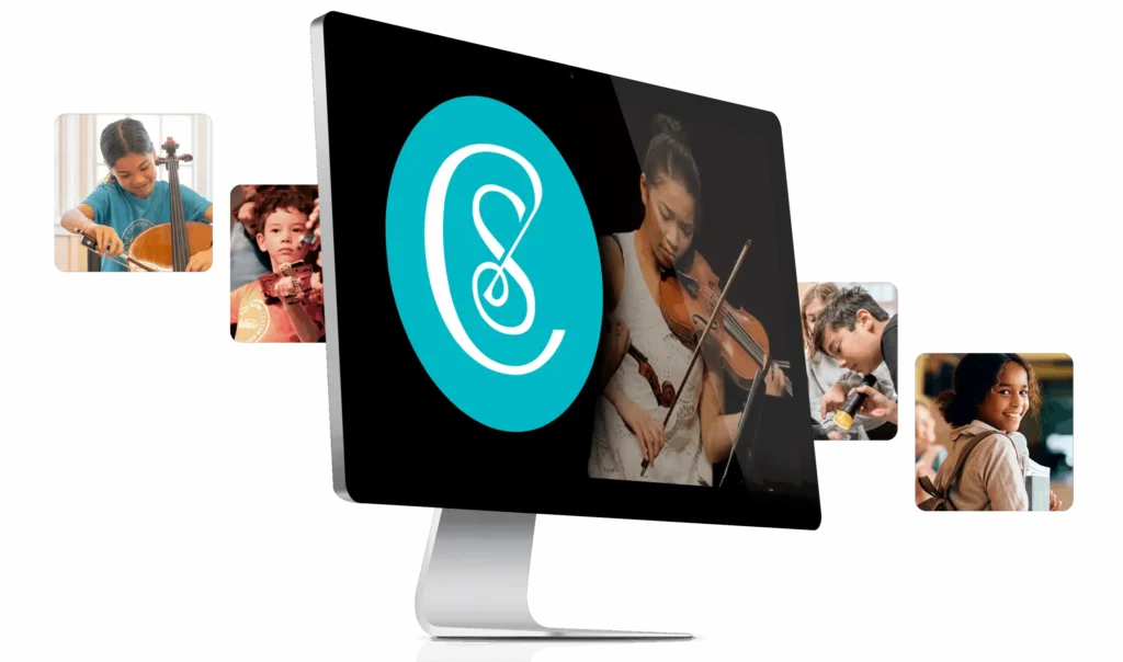 Children playing musical instruments and smiling