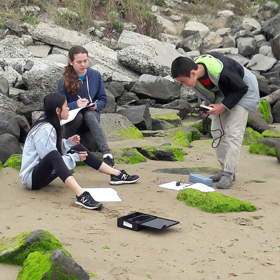 Students conducting outdoor research on rocky beach.