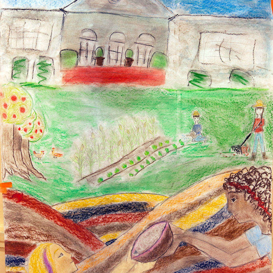 Colorful garden scene with people and plants.