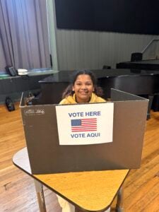 Smiling person voting at polling booth.
