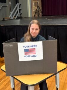 Person voting at polling booth with American flag.