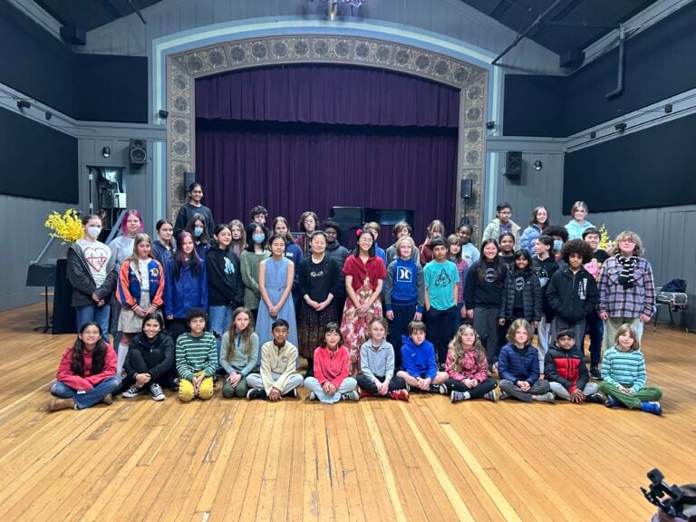 Group of students on stage in school auditorium.