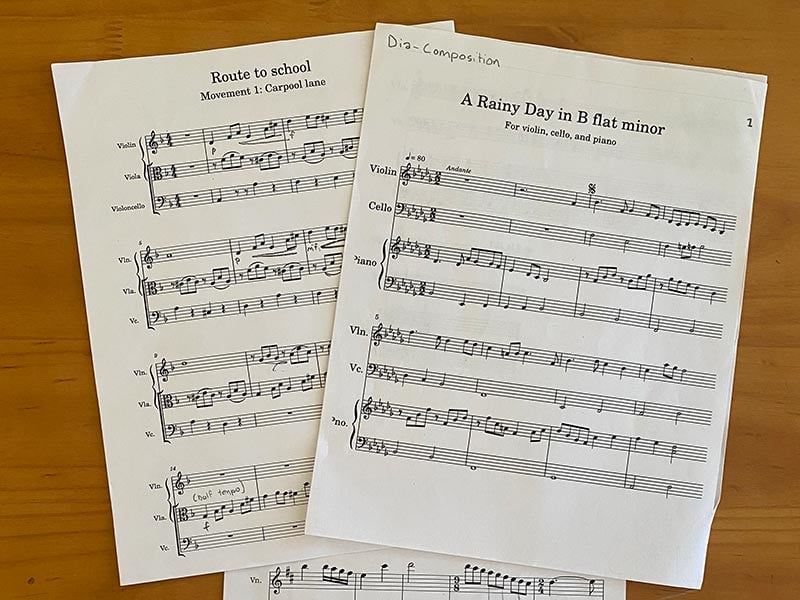 Sheet music for violin, cello, and piano compositions.