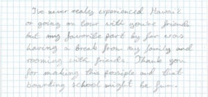 Handwritten note about Hawaii and boarding school.