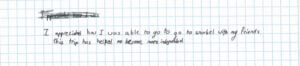 Handwritten note about snorkeling trip and independence.
