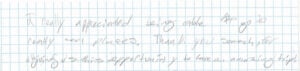 Handwritten note expressing gratitude for a great trip.