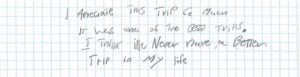 Handwritten note expressing gratitude for a trip.