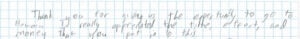 Handwritten thank you note on graph paper.
