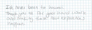 Handwritten note about new experiences in Hawaii.