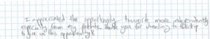 Handwritten note expressing gratitude for independence.