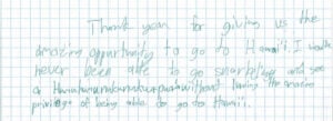 Handwritten thank you note about Hawaii trip.