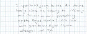 Handwritten note about visiting Ala Moana and theater.