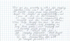 Handwritten letter about a life-changing travel experience.