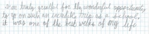 Handwritten gratitude note on graph paper.