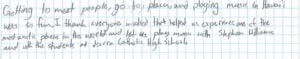 Handwritten note about playing music in Hawaii.