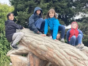 Kids climbing large rock in park