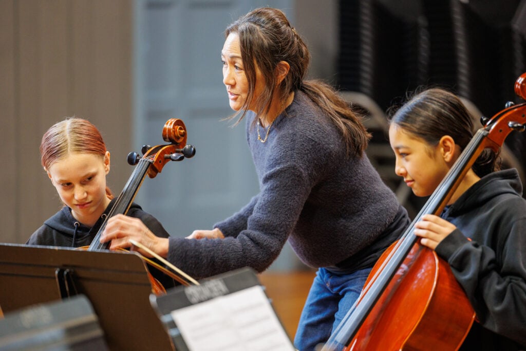 Cello lesson with two Crowden students and a teacher.